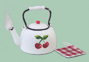 Dollhouse Miniature Teakettle W/Cherries & Potholder
